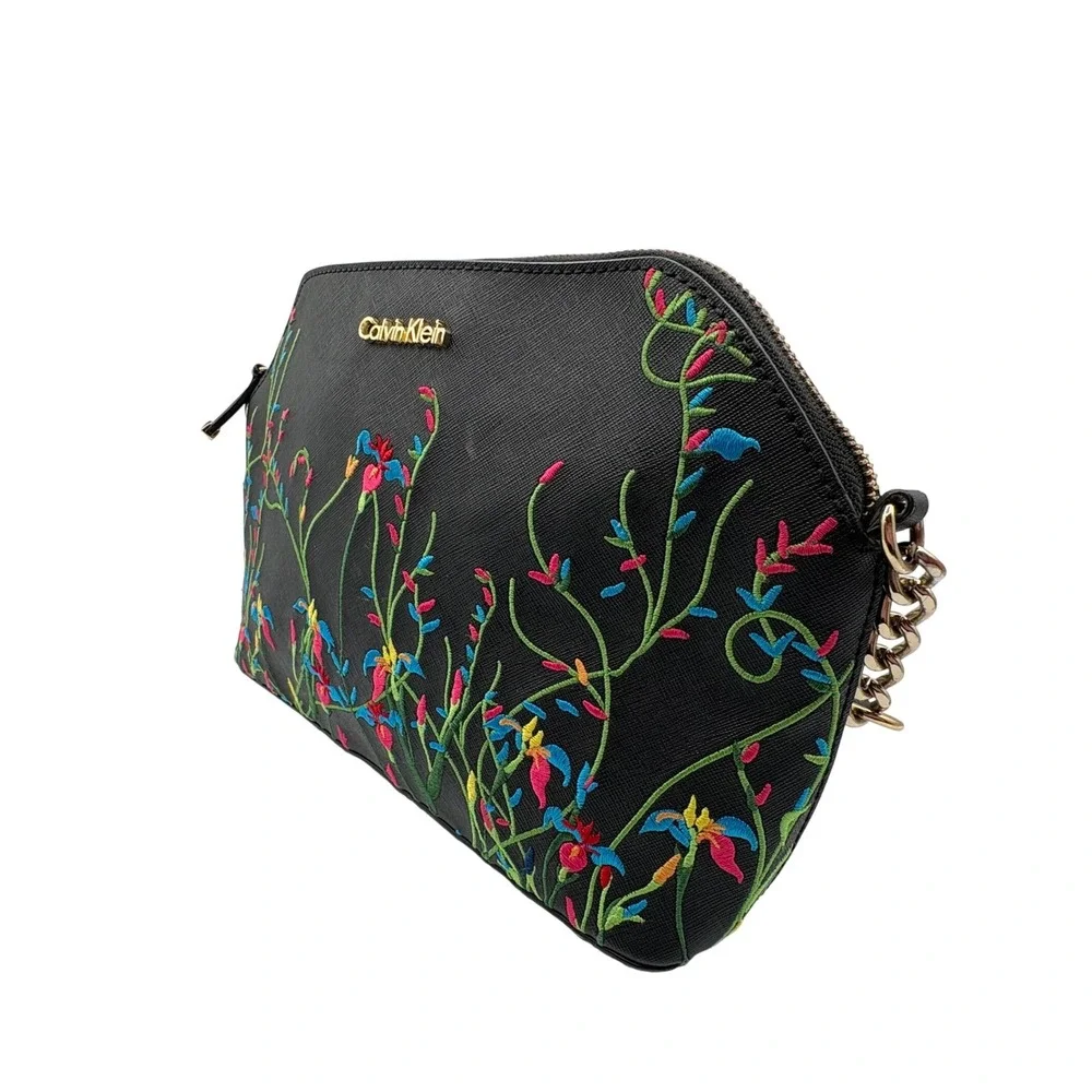 Calvin Klein Crossbody Bag Womens Medium Black Excellent Floral Embroidered Dome